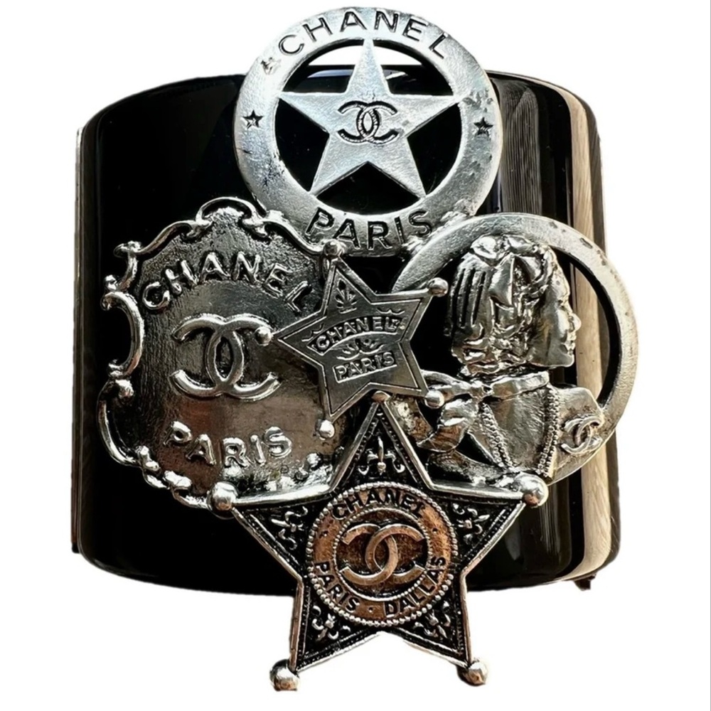 CHANEL Black Cuff with Silver Medallions